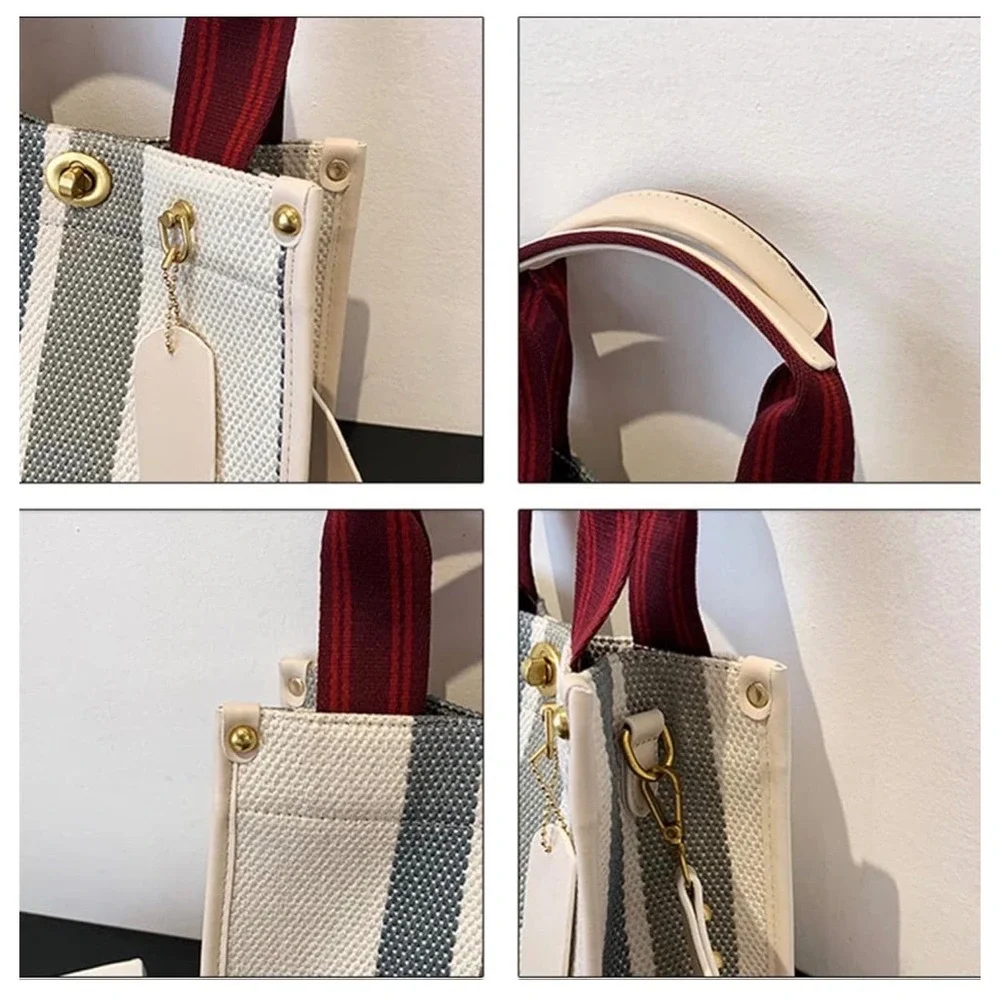 Striped‎ Canvas Tote Bag Burgundy Straps Gold Hardware Women's Shoulder Bag